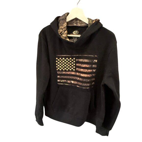 Mossy Oak Hoodie Medium Black Camo Hood American Flag Pullover Sweatshirt Sz M - Picture 5 of 10